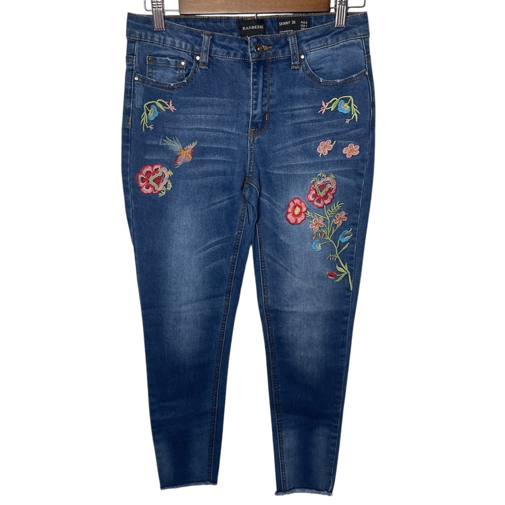 Ranbeeri Blue Skinny Jeans with Floral Embroidery size 7 30